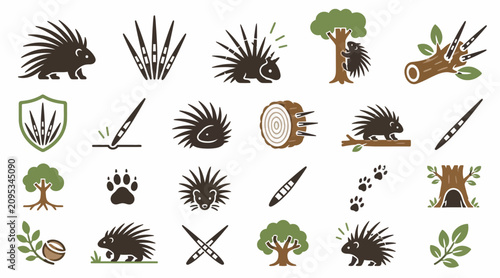 Tableau sur toile Porcupine and nature icons flat design collection.