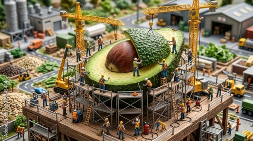 Construction of Giant Avocado Sculpture with Miniature Workers and Cranes