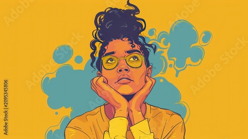 Woman wearing yellow glasses rests her chin on her hands while looking upward in a moment of deep thought or creative dreaming.