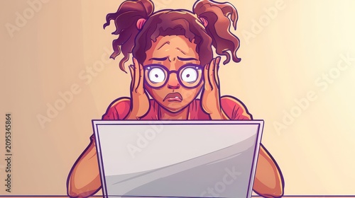 Student with glasses stares in shock at her laptop screen while clutching her head in total frustration and disbelief.