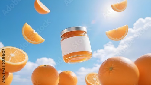 Orange Jam Jar Floating Amongst Oranges and Sky.