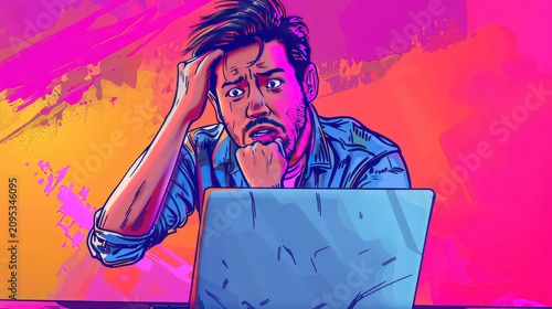 Young man with a distressed expression touches his hair while looking at a laptop screen in a vibrant artistic illustration that uses bold colors to convey high levels of digital stress and anxiety.
