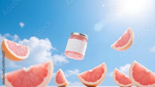 Refreshing Grapefruit Slices and Can Floating in a Bright Blue Sky.