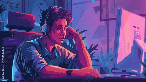 Student wearing headphones sits at a desk with a computer while studying late at night in a room bathed in purple and blue moody lighting.