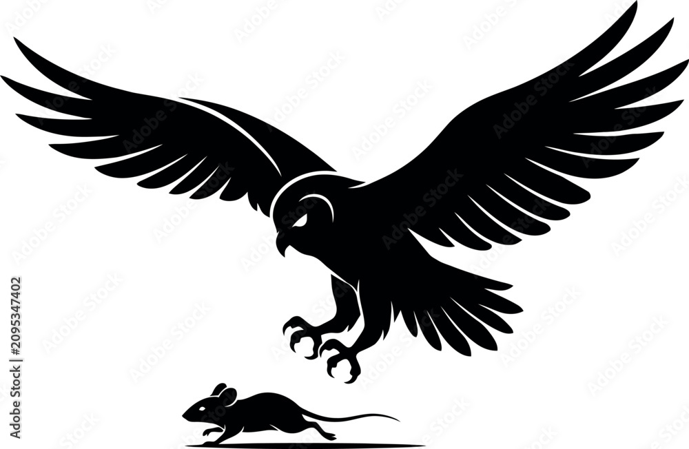 Obraz premium Silhouette of bird swooping down to catch mouse on white background in dramatic hunting scene illustration