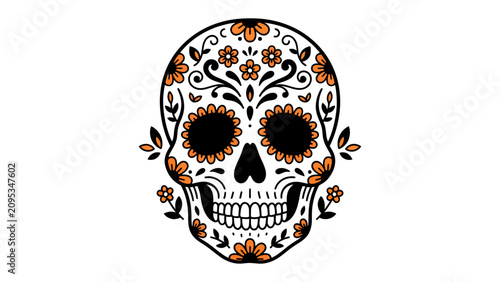 Fotografie Sugar Skull Art: A vibrant and intricately decorated sugar skull, known as a calavera, adorned with floral patterns and traditional Day of the Dead motifs in orange and black