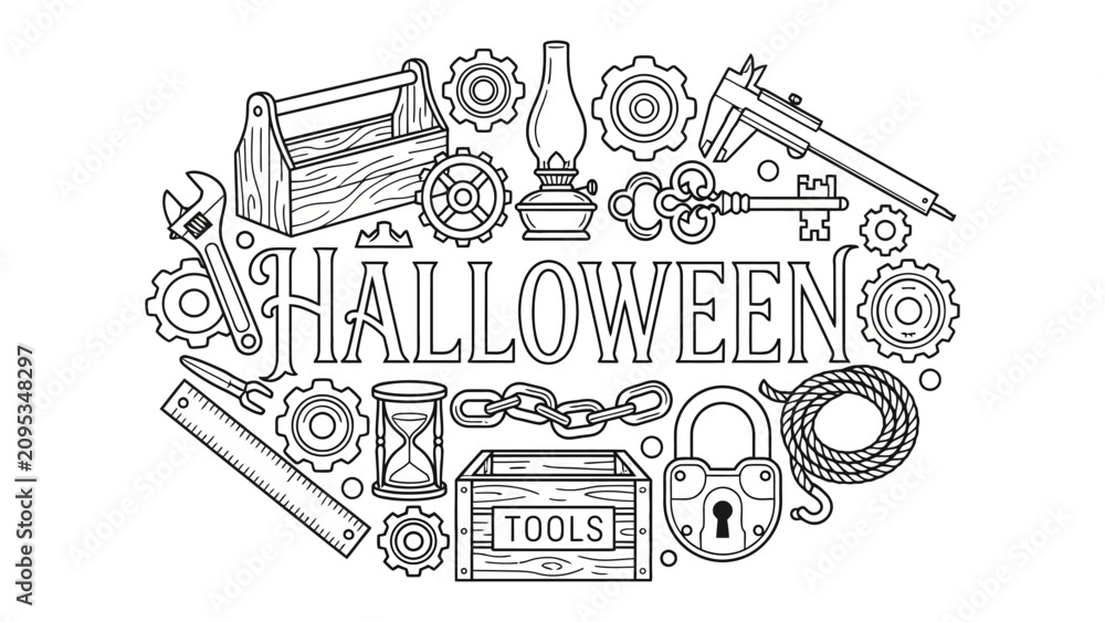 Obraz premium Steampunk Halloween Toolkit: A collection of vintage tools and mechanical elements, including gears, a toolbox, and keys, arranged around the word Halloween in a whimsical, steampunk-inspired design.