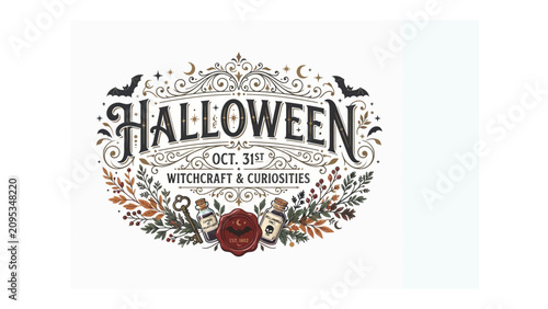 Canvastavla Halloween Festivity Design: A stylized graphic design announces a Halloween event, featuring ornate lettering for Halloween and details like bats, moons, pumpkins, and potions