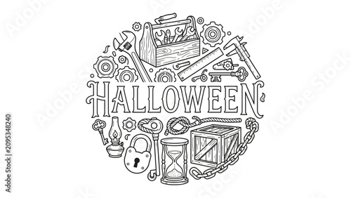 Φωτογραφία Halloween Toolbox of Tricks: A circular illustration featuring vintage tools, locks, and an hourglass, all arranged around the word HALLOWEEN, suggesting a crafty or DIY approach to the spooky season