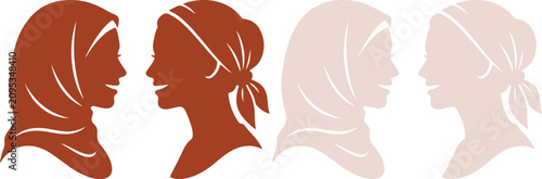 Foto Light beige vector graphic showing diverse female profiles looking closely at ea
