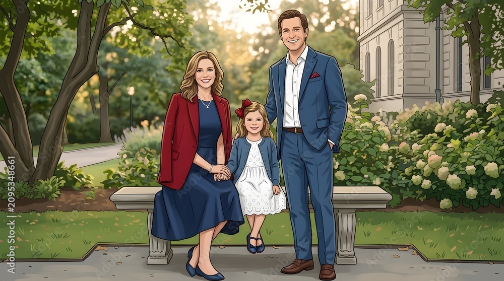Obraz premium Illustrated family portrait outdoors in elegant garden setting with stone bench, blooming flowers, formal attire, serene atmosphere