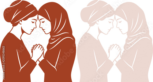 Bild auf Leinwand Dark brown vector silhouette of two culturally distinct diverse women warmly emb