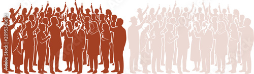Dark brown vector silhouette of a massive diverse crowd of people standing solidly united presenting strong communal front