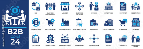 B2B Icons Set Featuring Business Partnership, Procurement, Supply Chain, Enterprise, Wholesale, Manufacturing, Logistics, Commerce and Solid Vector Icon Pack