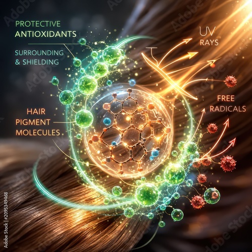 Advanced hair protection concept showing antioxidant molecules shielding pigment from environmental damage