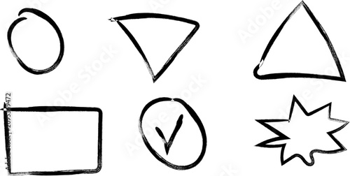 Hand Drawn Grunge Brush Shapes Set with Circle Triangle Rectangle Check Mark and Star Vector