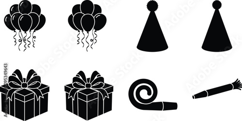 Konstfotografi Collection of Birthday and Party Silhouettes Featuring Balloons Gifts Hats and B
