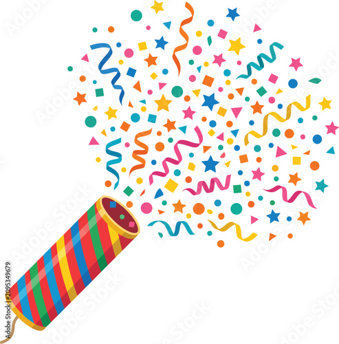 Party popper exploding with confetti and ribbons bright festive celebration vector illustration isolated on transparent background design.
