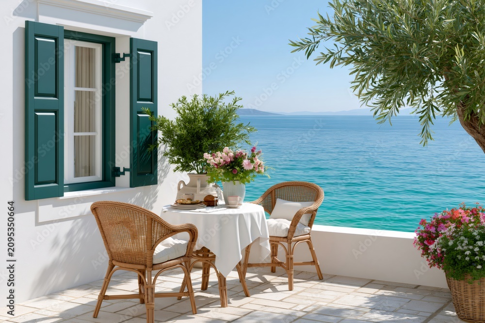 Fototapeta premium Mediterranean terrace with sea view and morning breakfast
