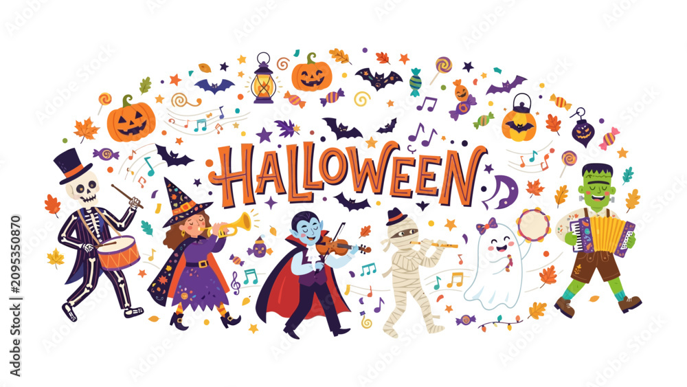 Fototapeta premium Halloween Music Band: A whimsical ensemble of classic Halloween characters, including a skeleton drummer, witch, vampire, mummy, ghost, and Frankenstein's monster, form a lively music band.