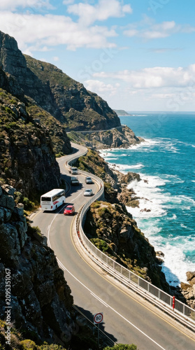 Scenic Coastal Highway Drive With Cars And Bus Overlooking Blue Ocean