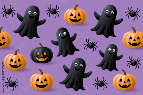 Halloween pattern with cute ghosts and pumpkins on purple