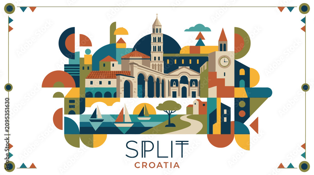 Obraz premium Vivid Illustrative Map Representation of Split Croatia Highlighting Architectural Landmarks and Coastal Landscape in Bright Colors
