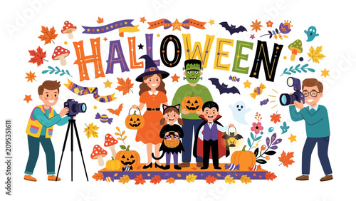 Fotografie Halloween Family Photo Fun: A joyful family, dressed in playful Halloween costumes, poses for a photo shoot surrounded by festive decorations and cartoonish characters