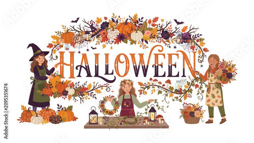 Harvest Festival Celebration: Whimsical illustration of children preparing for Halloween festivities, crafting autumnal decorations amidst pumpkins, leaves, and floral arrangements.