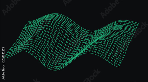 Green wavy grid surface on black background for digital terrain modeling wave propagation data flow visualization and futuristic technology.