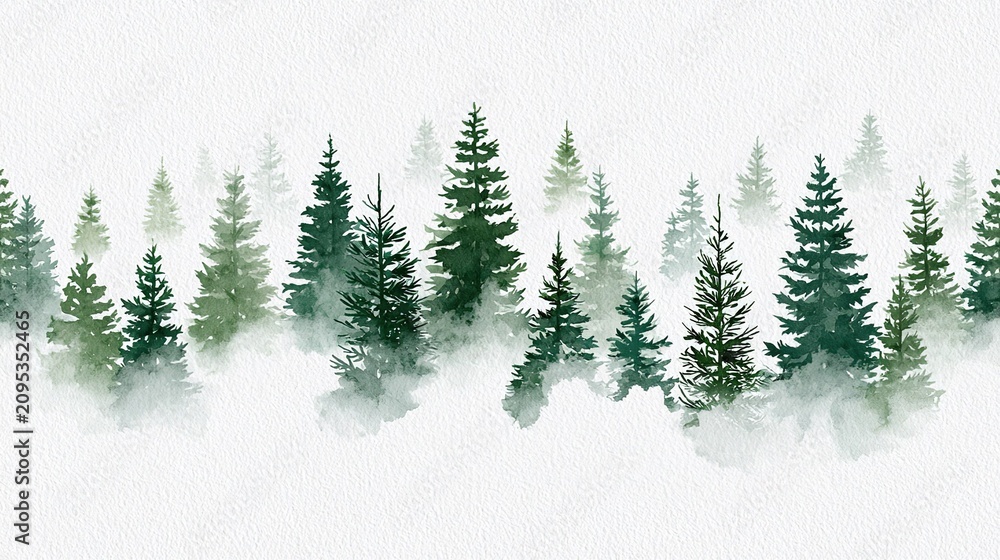 Obraz premium Seamless repeat watercolor pattern of layered stylized evergreen pine trees shrouded in thick white fog, emerald sage dark pine green foliage, faint distant small trees and sharp detailed foreground