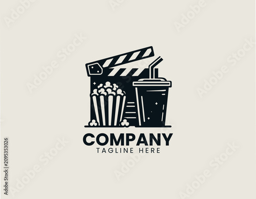 Movie clapperboard with popcorn and soda black vector logo illustration style