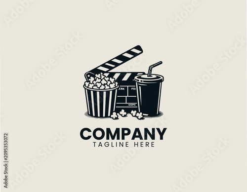 Movie clapperboard with popcorn and soda black vector logo illustration style