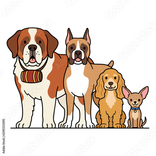 Dogs representing multiple breeds pose side by side in a charming and stylized graphic composition.