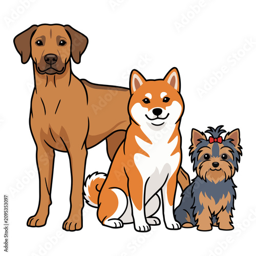 Dogs of various breeds stand together as a friendly group in this colorful cartoon illustration.