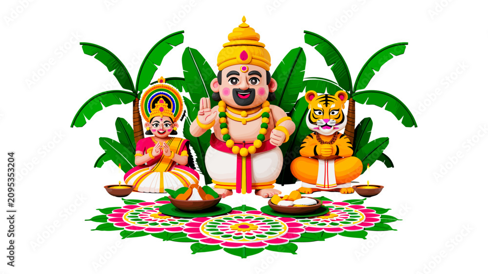 Obraz premium Onam Festival Illustration Featuring King Mahabali, Pookalam Floral Rangoli, Kathakali Performer, Tiger and Traditional Sadya