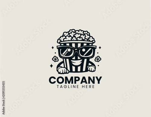 Cute popcorn mascot wearing 3D glasses vector logo illustration on white background