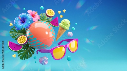 Weightless tropical elements float in mid-air for a vibrant summer party.