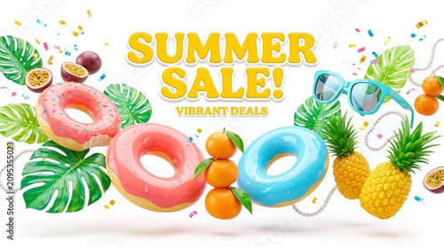 Floating summer decor with tropical fruit and floats on white background