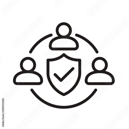 A shield icon protects three people in a circular line.