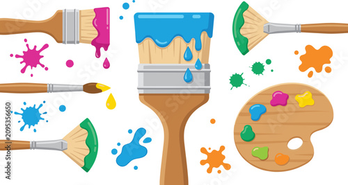 Colorful paint brush collection with splashes, dripping paint, artist palette, and creative painting tools isolated on white background vector