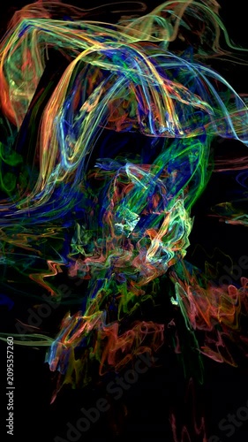 Multicolored swirling pattern of curved waves on black background. Vertical abstract fractal video.