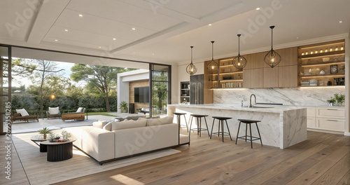 Modern spacious living room and kitchen with premium hardwood floors and stylish lighting. High end residential home interior with minimalist sofa and elegant marble details