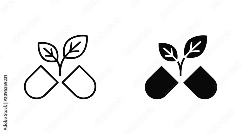 Naklejka premium Two water droplets with a small leaf sprouting between them shown in outline and solid