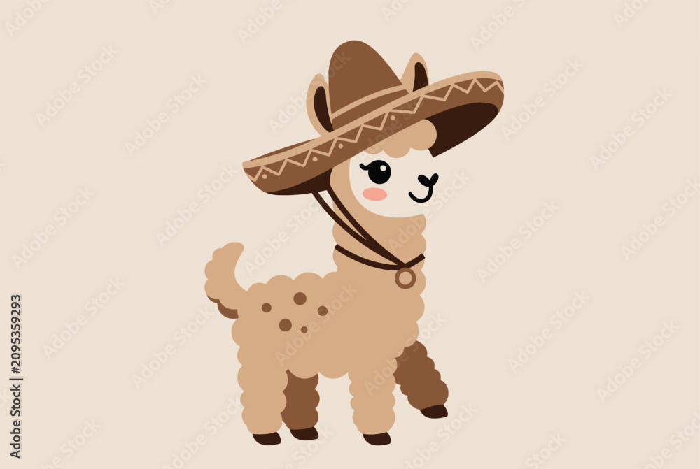 Fototapeta premium Adorable cartoon llama illustration featuring a soft tan coat and a large brown sombrero decorated with traditional geometric patterns.