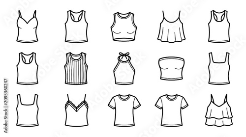 Obraz na płótnie Camisole Tank Top Crop Top Undershirt Fashion Apparel Black and White Vector Ico