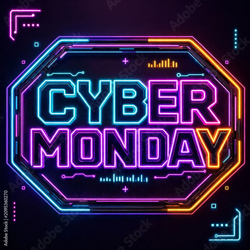 Futuristic neon glowing text Cyber Monday with digital interface elements and circuit board patterns