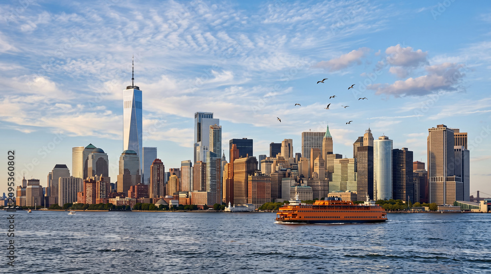 Obraz premium New York City skyline with One World Trade Center and Staten Island Ferry at sunset, Lower Manhattan cityscape, USA.
