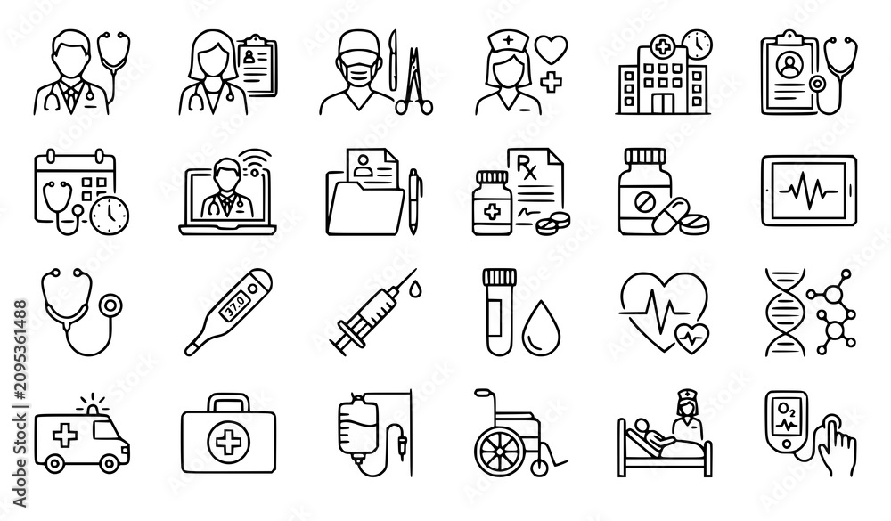 Naklejka premium Minimal Doctor Medical Line Icon Collection for Healthcare Web Design