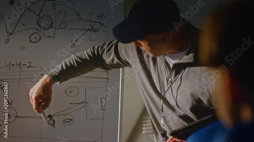 Sports Manager Presenting Detailed Plan on Coaching Board to Group Young Players in Locker Room. Team Building, Project Planning, Strategy Sessions, Youth Mentoring Under Expert Guidance. Portrait.
